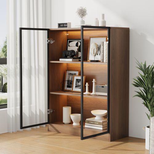 Vitrine Bas 80x32x106 Cm, LED, 2 Portes, Verre Trempé Et Panneau De Particules, Brun+noir