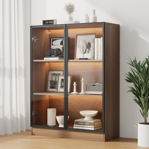 Vitrine Bas 80x32x106 Cm, LED, 2 Portes, Verre Trempé Et Panneau De Particules, Brun+noir