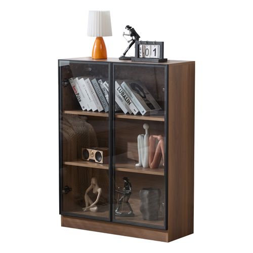 Vitrine Bas 80x32x106 Cm, LED, 2 Portes, Verre Trempé Et Panneau De Particules, Brun+noir