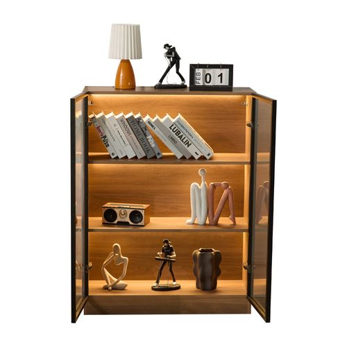 Vitrine Bas 80x32x106 Cm, LED, 2 Portes, Verre Trempé Et Panneau De Particules, Brun+noir