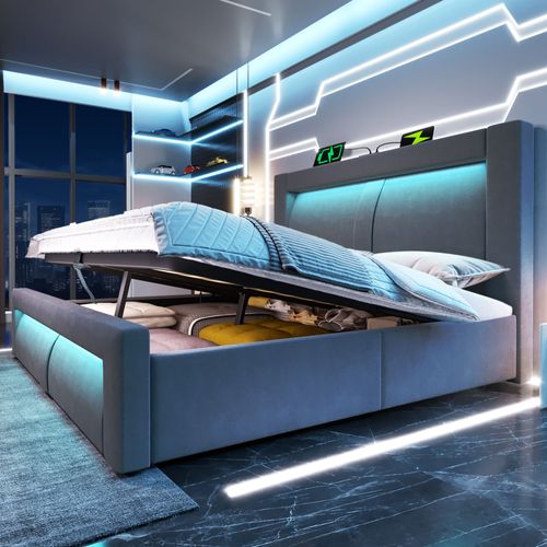 Lit Coffre 180x200 Cm, Rangement Caché, LED Contrôlable Et Charge USB Type C, Velours, Gris