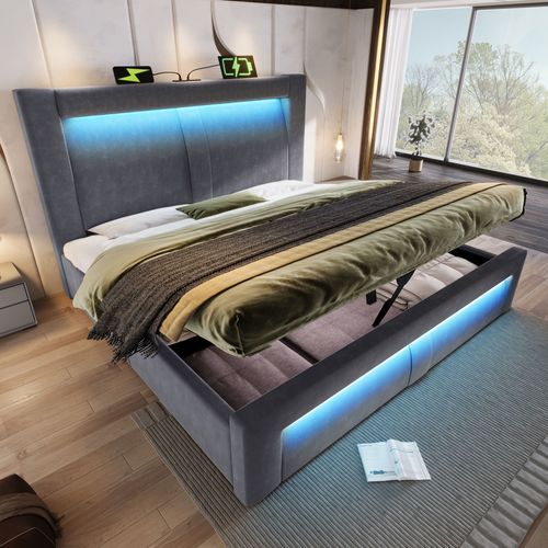 Lit Coffre 180x200 Cm, Rangement Caché, LED Contrôlable Et Charge USB Type C, Velours, Gris