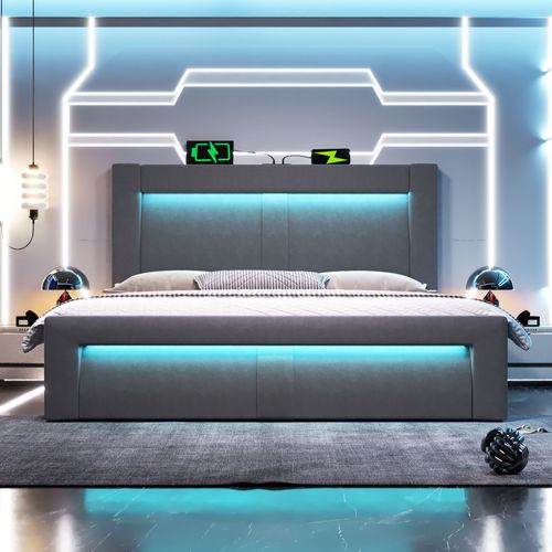 Lit Coffre 180x200 Cm, Rangement Caché, LED Contrôlable Et Charge USB Type C, Velours, Gris
