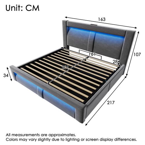 Lit Coffre Double 160x200 Cm, Rangement Caché, LED Et Chargeurs, Bois, Métal, Velours Gris
