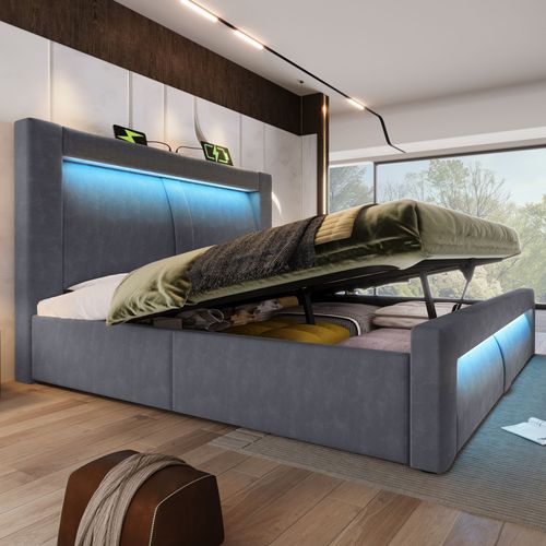 Lit Coffre Double 160x200 Cm, Rangement Caché, LED Et Chargeurs, Bois, Métal, Velours Gris