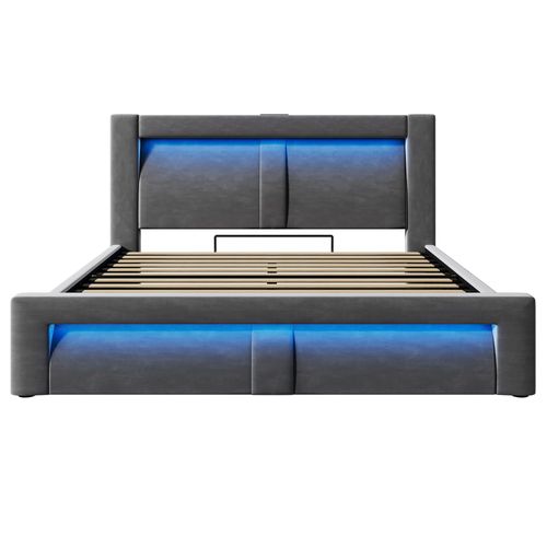 Lit Coffre Double 160x200 Cm, Rangement Caché, LED Et Chargeurs, Bois, Métal, Velours Gris