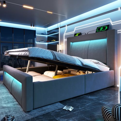 Lit Coffre 90x200 Cm, Tête De Lit Incurvée Avec LED Et Ports USB Type C, Velours, Gris