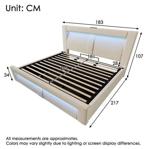 Lit Coffre 180x200 Cm, Rangement Caché, LED Pilotable Par Application, Velours Beige, Métal Et Bois