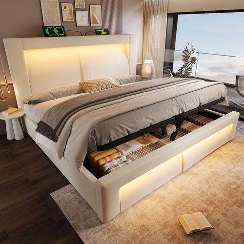Lit Coffre 180x200 Cm, Rangement Caché, LED Pilotable Par Application, Velours Beige, Métal Et Bois
