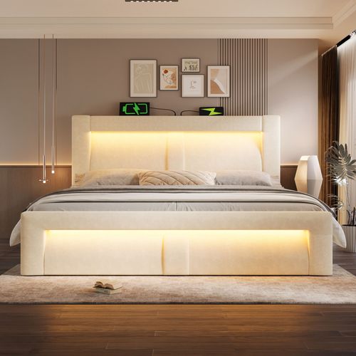 Lit Coffre 180x200 Cm, Rangement Caché, LED Pilotable Par Application, Velours Beige, Métal Et Bois