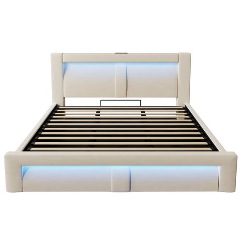 Lit Coffre 180x200 Cm, Rangement Caché, LED Pilotable Par Application, Velours Beige, Métal Et Bois