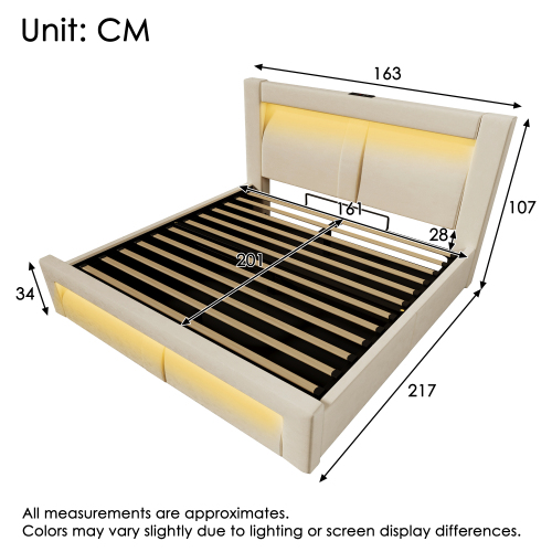 Lit Coffre 160x200cm, Rangement Caché, LED, USB, Type C, Tête De Lit Courbée, Velours Beige