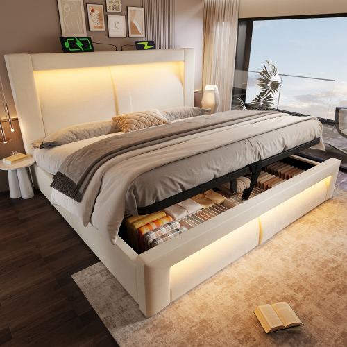 Lit Coffre 160x200cm, Rangement Caché, LED, USB, Type C, Tête De Lit Courbée, Velours Beige