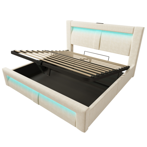 Lit Coffre 160x200cm, Rangement Caché, LED, USB, Type C, Tête De Lit Courbée, Velours Beige