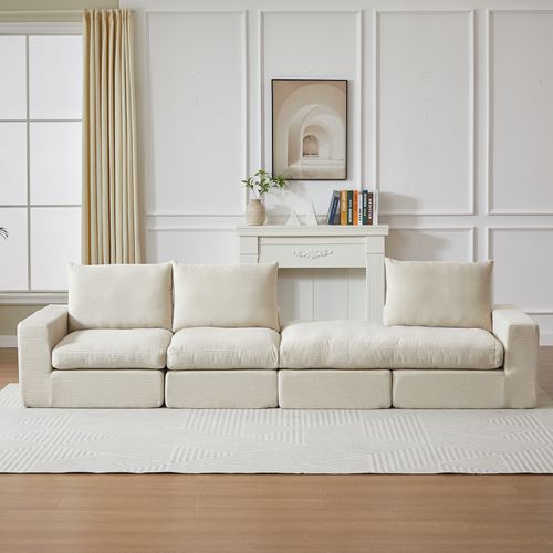 Canapé Modulable 251x160x81 Cm, Chaise Réversible Sans Montage, Velours Côtelé, Mousse, Beige