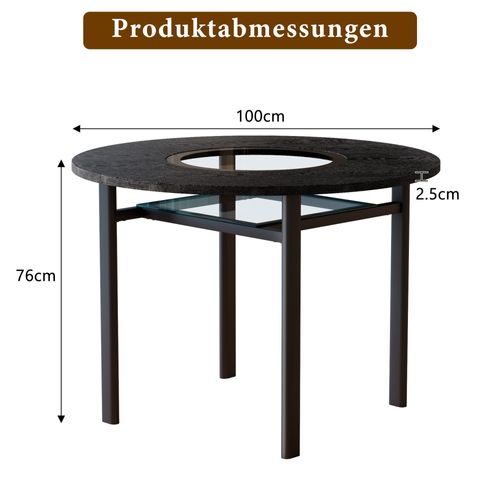 Table Basse Ronde 100x100x76cm, Plateau Mdf 2,5 Cm, Étagère Inférieure Verre, Métal, Noir