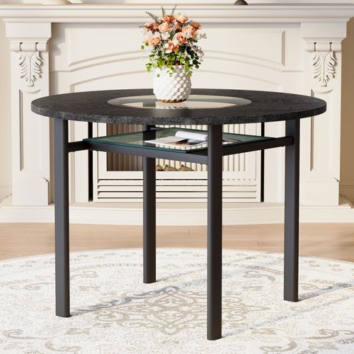 Table Basse Ronde 100x100x76cm, Plateau Mdf 2,5 Cm, Étagère Inférieure Verre, Métal, Noir