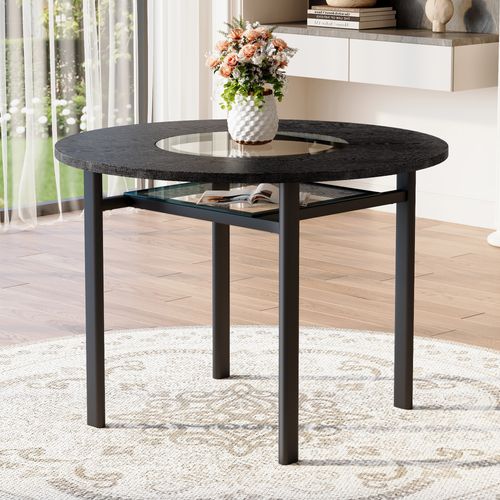 Table Basse Ronde 100x100x76cm, Plateau Mdf 2,5 Cm, Étagère Inférieure Verre, Métal, Noir