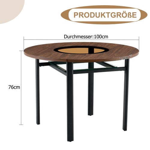 Table Basse Ronde 100x100x76cm, Plateau Mdf 2,5 Cm, Verre, Brun, Piètement Métal Noir
