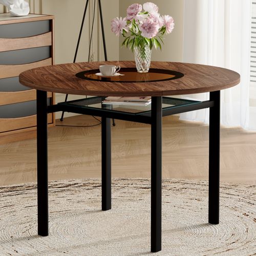 Table Basse Ronde 100x100x76cm, Plateau Mdf 2,5 Cm, Verre, Brun, Piètement Métal Noir