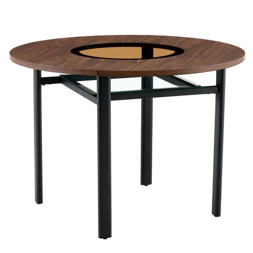 Table Basse Ronde 100x100x76cm, Plateau Mdf 2,5 Cm, Verre, Brun, Piètement Métal Noir
