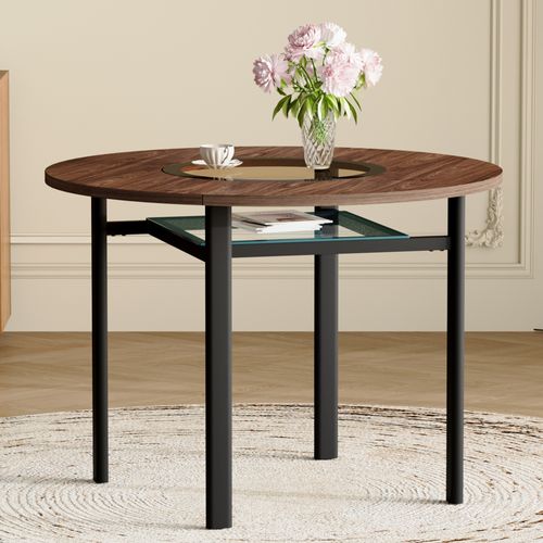 Table Basse Ronde 100x100x76cm, Plateau Mdf 2,5 Cm, Verre, Brun, Piètement Métal Noir