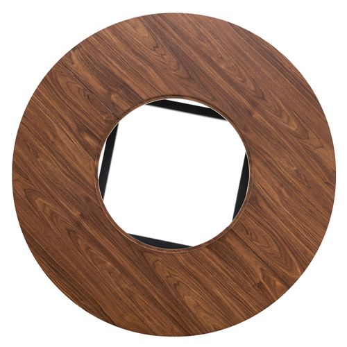 Table Basse Ronde 100x100x76cm, Plateau Mdf 2,5 Cm, Verre, Brun, Piètement Métal Noir