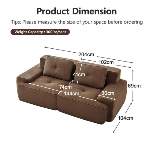 Canapé Modulaire 204x104x69 Cm, Assise Profonde 74 Cm Effet Nuage, Velours Côtelé Brun