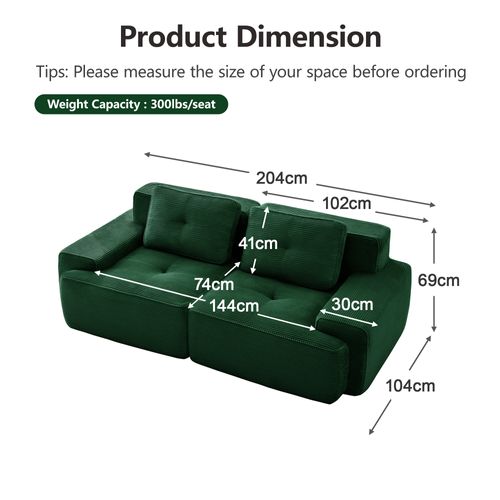 Canapé Modulaire 2 Places 204x104x69cm, Assise Profonde 74 Cm Confort Nuage, Velours Côtelé, Vert