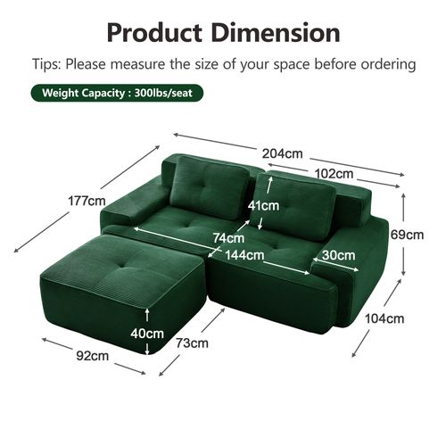 Canapé Modulable 2 Places 204x177x69cm, Assise Profonde 74 Cm, Velours Côtelé Vert