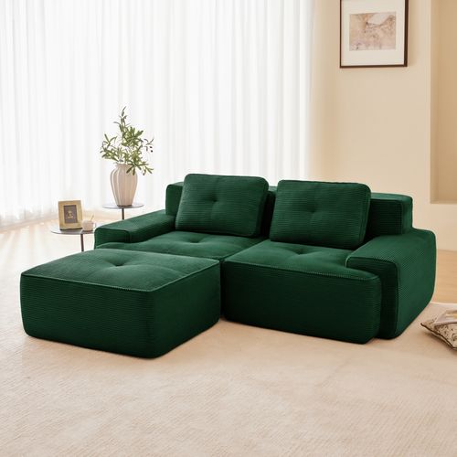 Canapé Modulable 2 Places 204x177x69cm, Assise Profonde 74 Cm, Velours Côtelé Vert