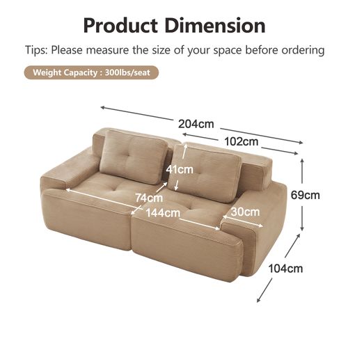 Canapé Modulable 2 Places 204x104x69cm, Confort Façon Nuage, Velours Côtelé, Beige