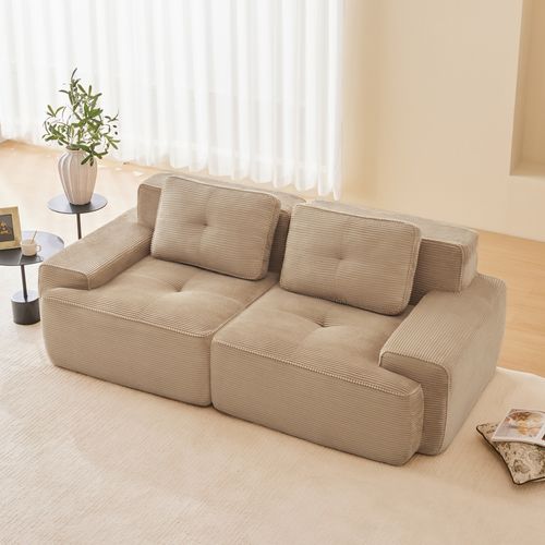Canapé Modulable 2 Places 204x104x69cm, Confort Façon Nuage, Velours Côtelé, Beige