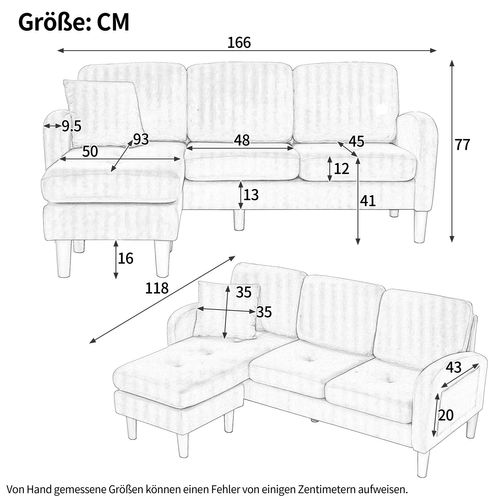 Canapé D'angle L 166x118x77 Cm, Modulable Chaise Longue, Velours Côtelé, Mousse, Couleur Verte