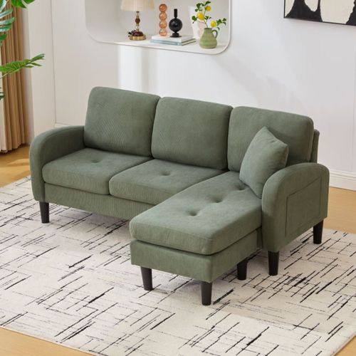 Canapé D'angle L 166x118x77 Cm, Modulable Chaise Longue, Velours Côtelé, Mousse, Couleur Verte