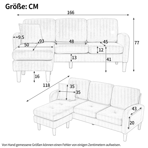 Canapé D'angle 166x118x77 Cm, Modulable Réversible, Dossier Doux, Tissu Velours Côtelé, Bleu