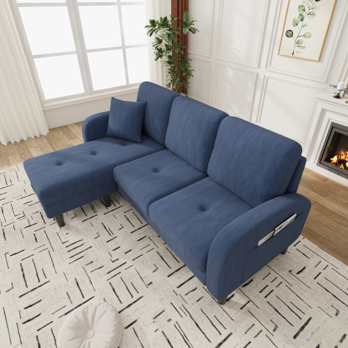 Canapé D'angle 166x118x77 Cm, Modulable Réversible, Dossier Doux, Tissu Velours Côtelé, Bleu