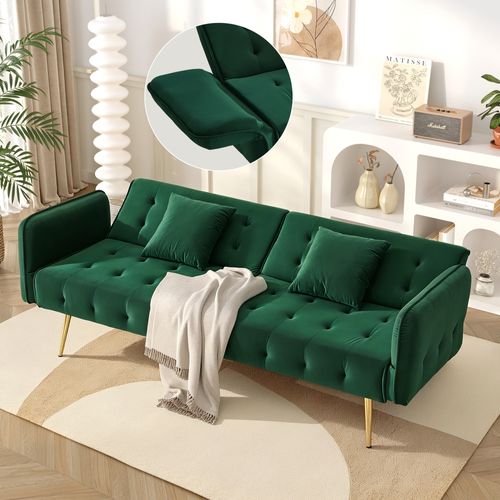 Canapé Convertible 2 Places 178x82x70cm, Dossiers, Accoudoirs Multipositions, Velours, Vert