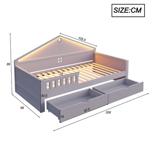 Lit Simple 90x200 Cm, LED Et 2 Tiroirs Spacieux De Rangement, Bois Et Mdf, Couleur Gris