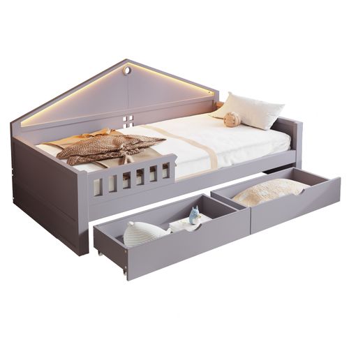 Lit Simple 90x200 Cm, LED Et 2 Tiroirs Spacieux De Rangement, Bois Et Mdf, Couleur Gris