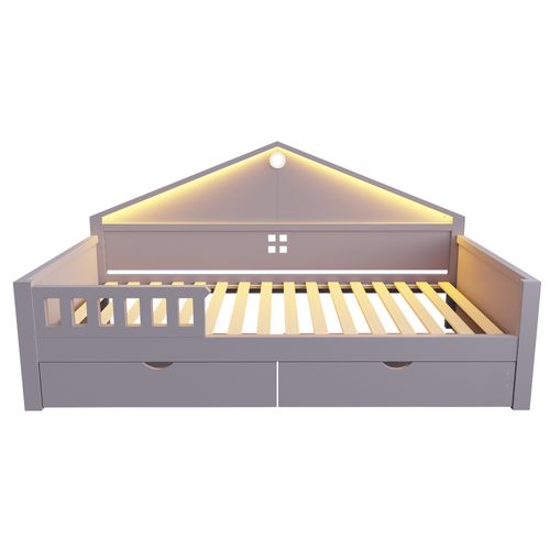 Lit Simple 90x200 Cm, LED Et 2 Tiroirs Spacieux De Rangement, Bois Et Mdf, Couleur Gris