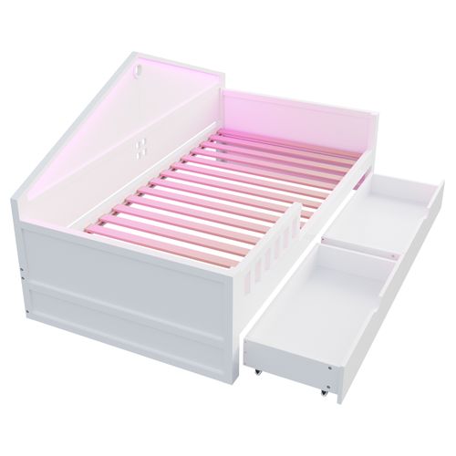 Lit Simple 90x200 Cm, LED, 2 Tiroirs De Rangement, Design Contemporain, Bois Et Mdf, Blanc