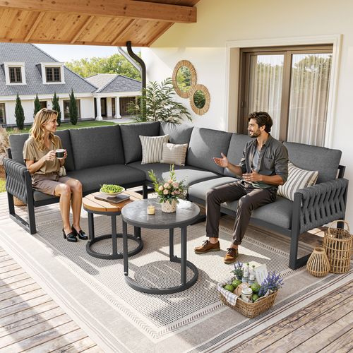 Salon De Jardin Modulable 5 Places, 2 Tables Réglables, Structure Métal, Coussins Olefin, Gris