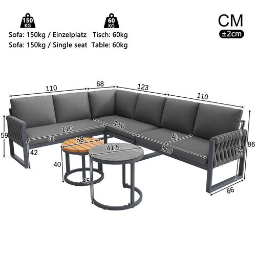 Salon De Jardin Modulable 5 Places, 2 Tables Réglables, Structure Métal, Coussins Olefin, Gris