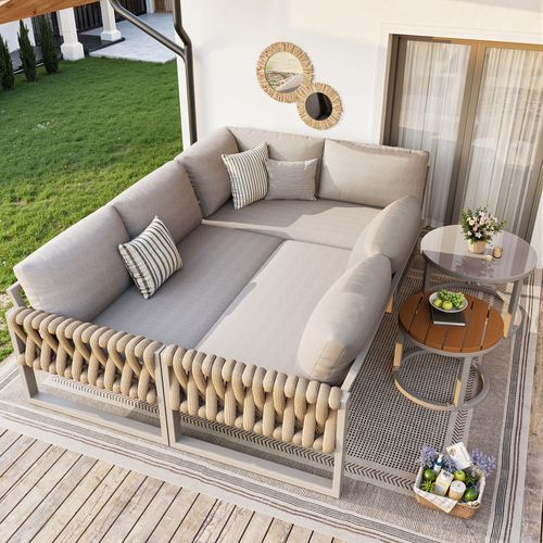 Salon De Jardin Modulable 5 Places, 2 Tables Réglables, Structure Métal, Coussins Olefin, Beige