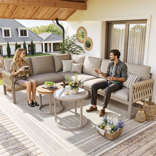 Salon De Jardin Modulable 5 Places, 2 Tables Réglables, Structure Métal, Coussins Olefin, Beige