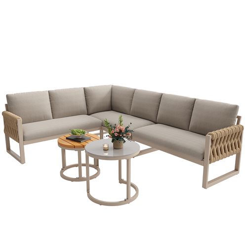 Salon De Jardin Modulable 5 Places, 2 Tables Réglables, Structure Métal, Coussins Olefin, Beige