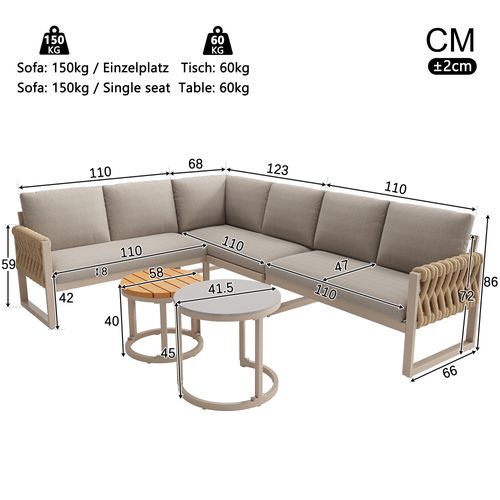 Salon De Jardin Modulable 5 Places, 2 Tables Réglables, Structure Métal, Coussins Olefin, Beige