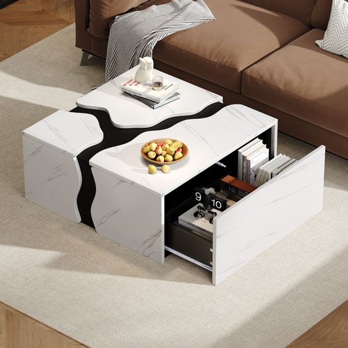 Table Basse70x70x31 Cm, Design Cubique, 1 Tiroir Et Surface Lisse, Motif De Marbre En Mdf Blanc
