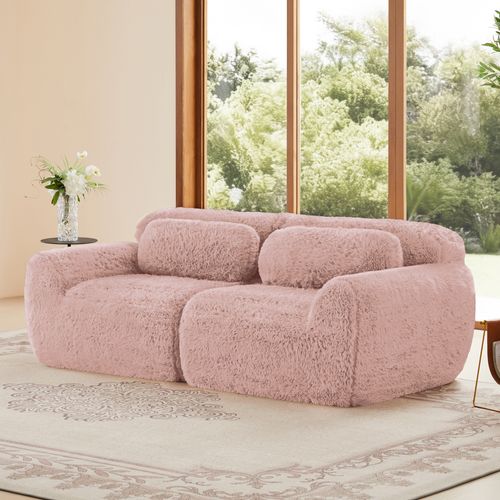 Canapé 2 Places 204x104x73 Cm, Design Modulaire Sans Cadre, Tissu Peluche, Couleur Rose